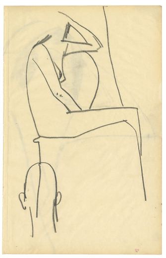 Amedeo Modigliani, Esquisse de femme nue assise de profil sur une chaise. Esquisse d'une tête au niveau du pied gauche de la chaise, ca. 1908